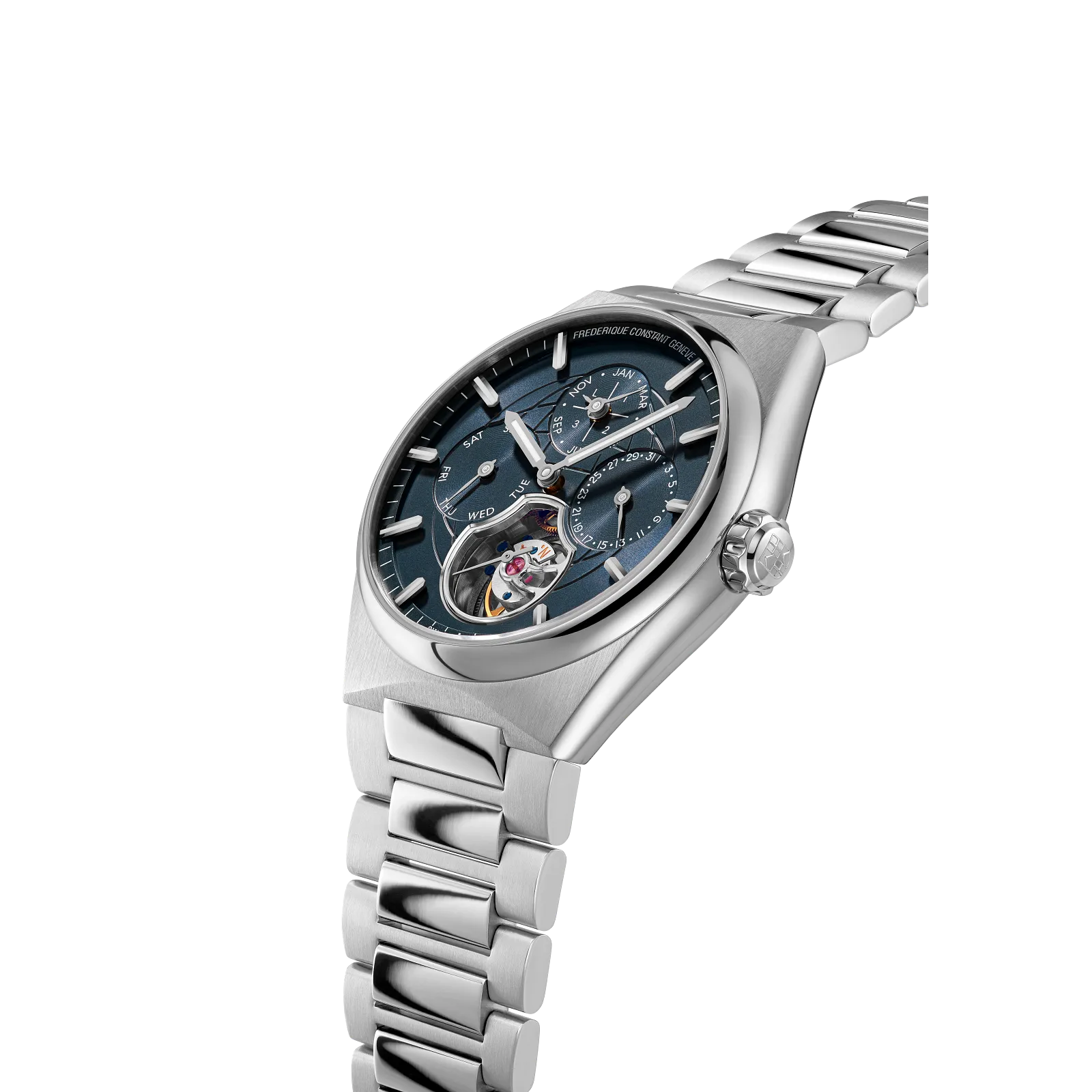 Angled profile of a luxury steel watch with a blue tourbillon dial.
