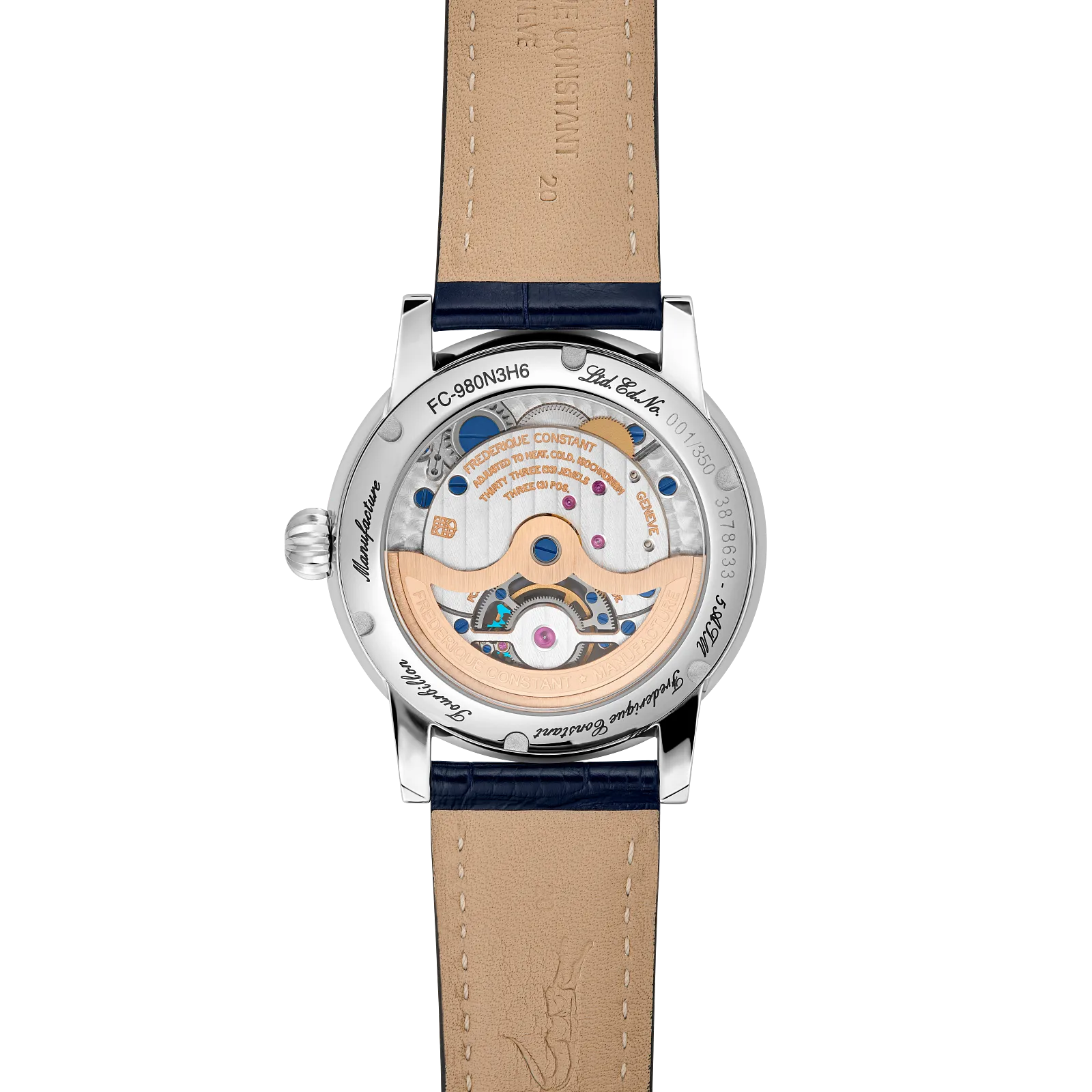 Exhibition caseback showing automatic movement and rose gold rotor.
