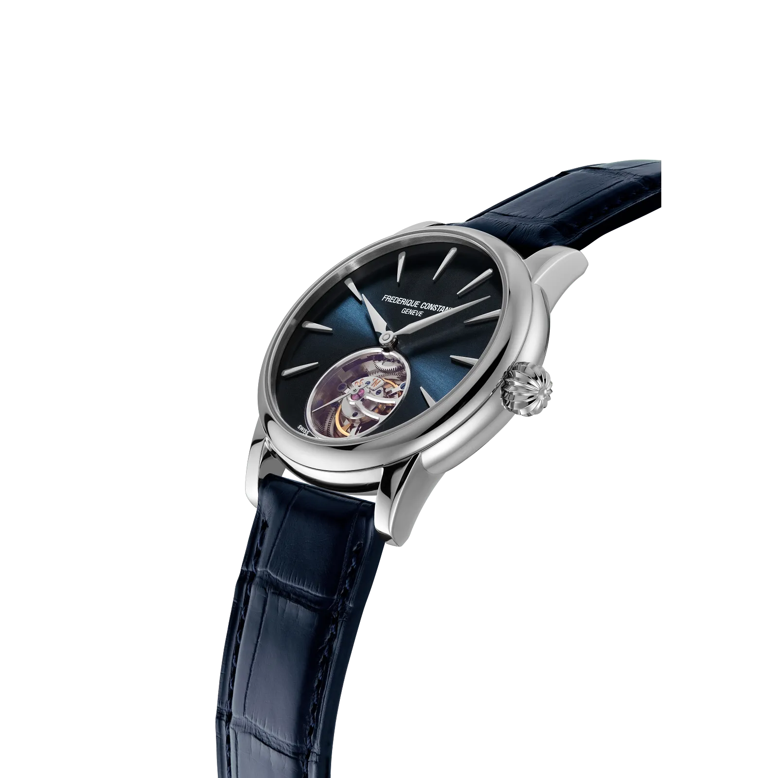 Angled profile of a luxury steel watch with an open-heart tourbillon blue dial.