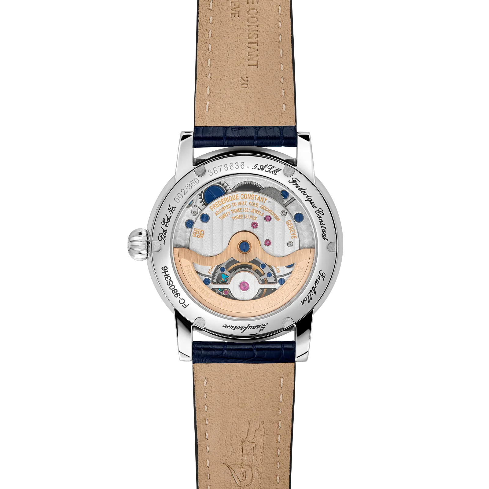 Exhibition caseback showing automatic tourbillon movement and gold rotor.