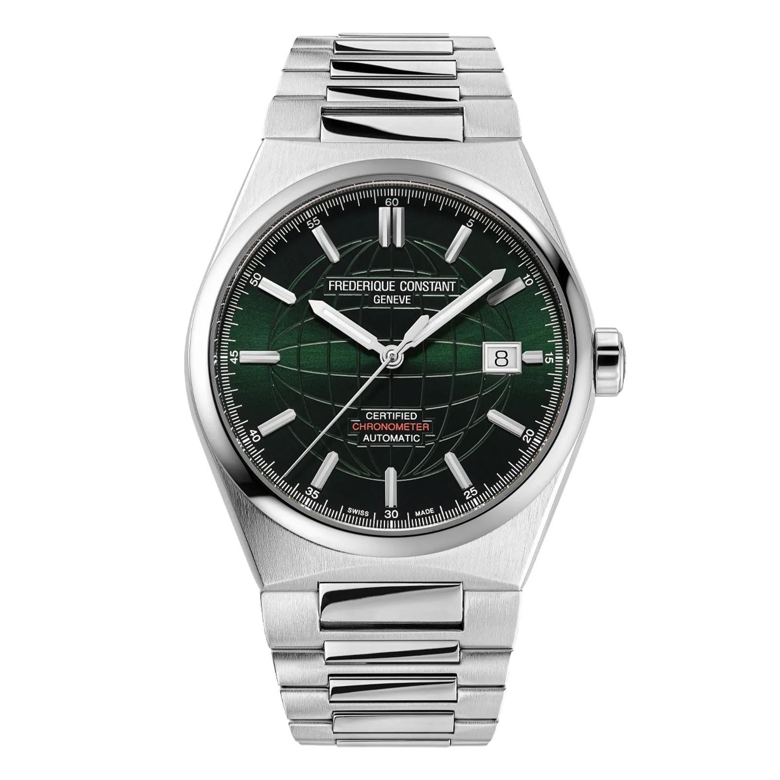Silver watch with a dark green textured dial and integrated metal link bracelet.