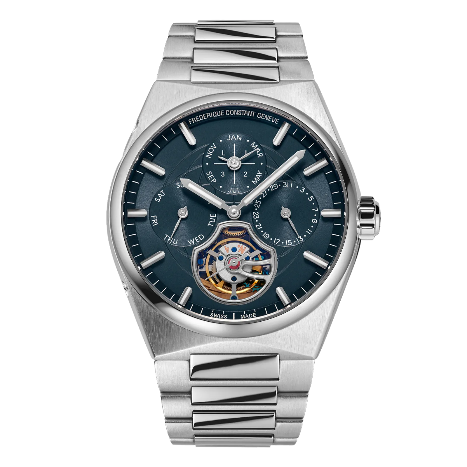 Angled profile of a luxury steel watch with a blue tourbillon dial.