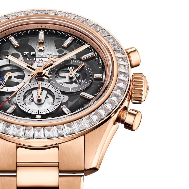 Angled view highlighting the integrated titanium bracelet and the detailed watch face.