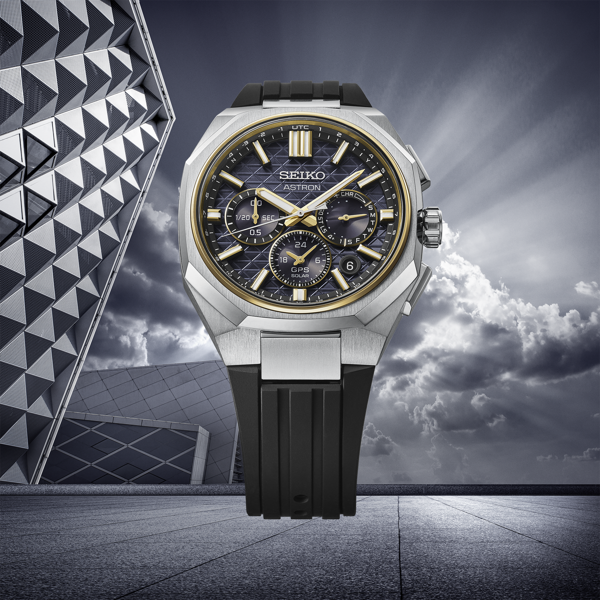 Seiko Astron GPS Solar Dual-Time Chronograph Black and Gold 43mm HAB003 product shot