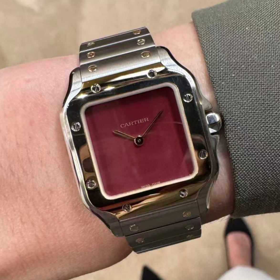 Cartier Santos 18k Yellow Gold & Steel Burgundy W2SA0051 MODEL WRIST SHOT