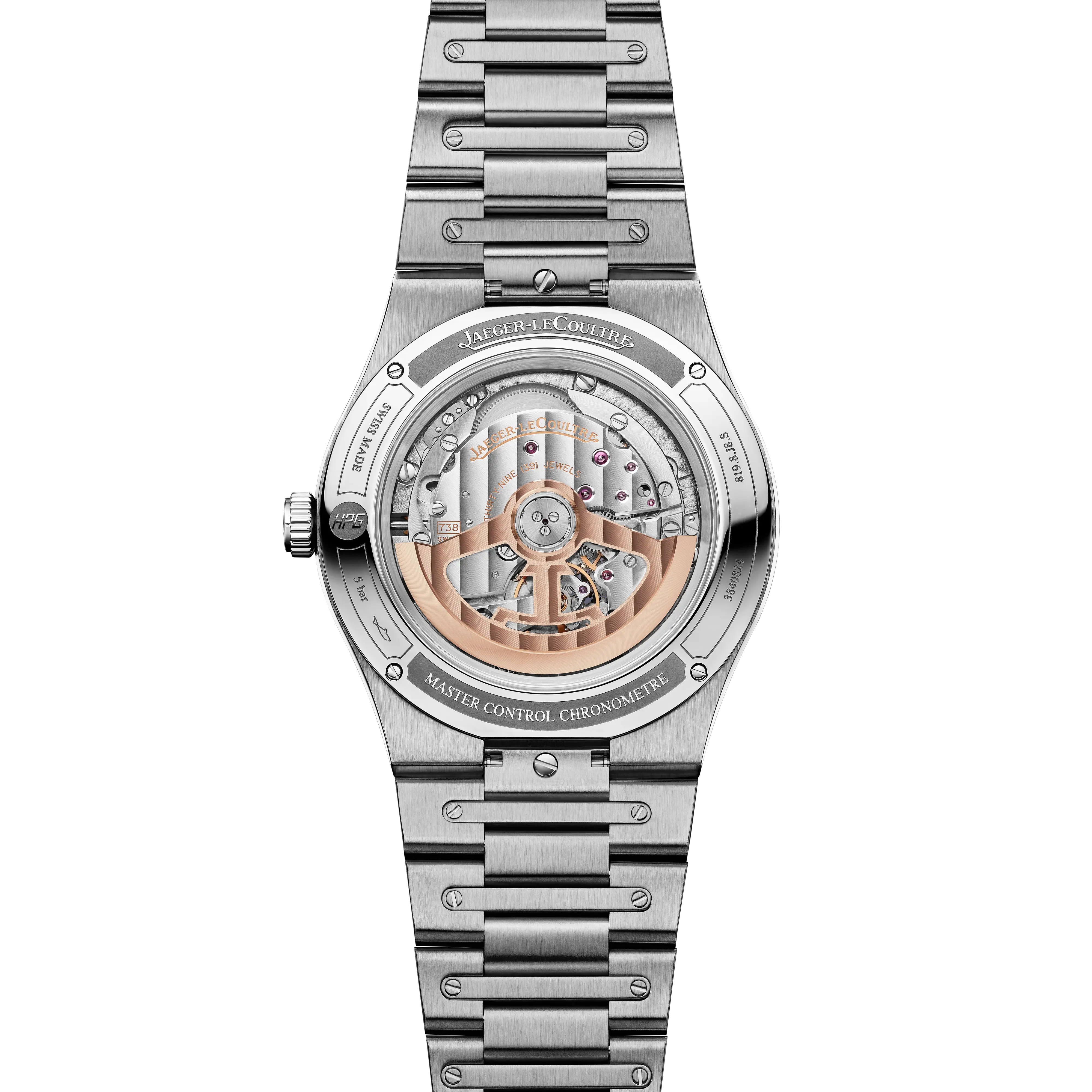 Transparent case back displaying the automatic movement with a rose gold open-worked rotor.