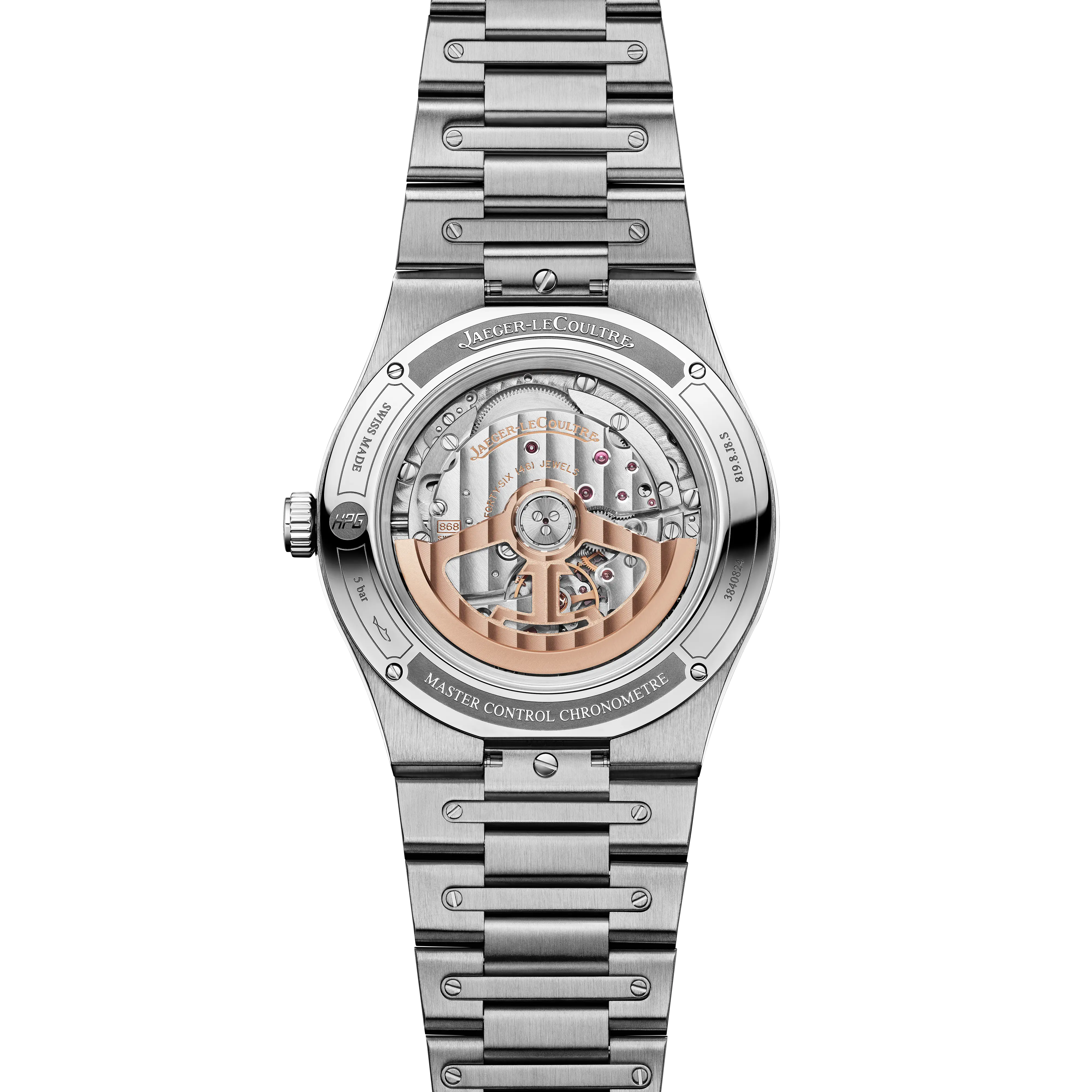 Open sapphire case back showing the decorated mechanical movement and gold rotor.