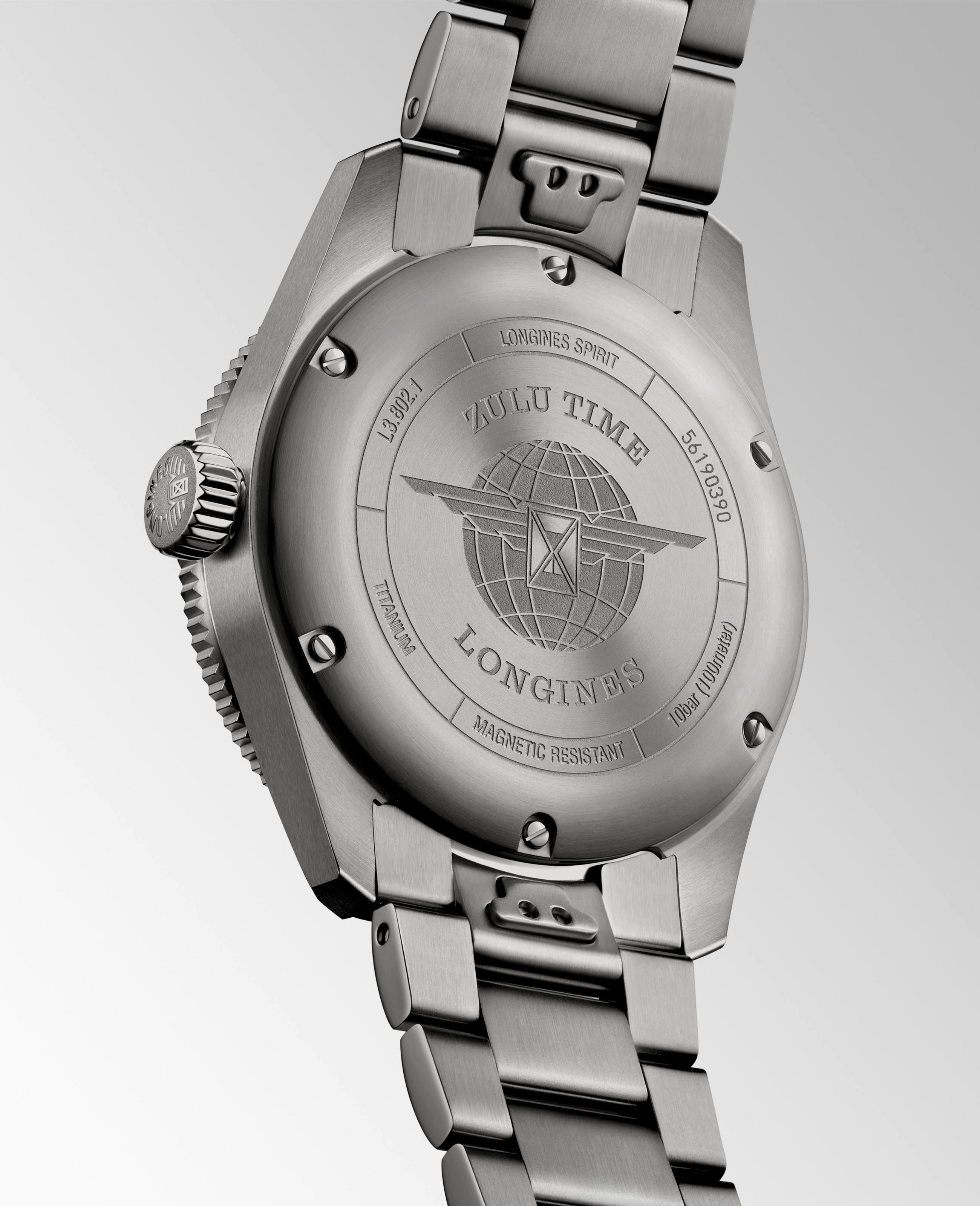 Back View of Longines Spirit Zulu Time Titanium Anthracite Dial Watch