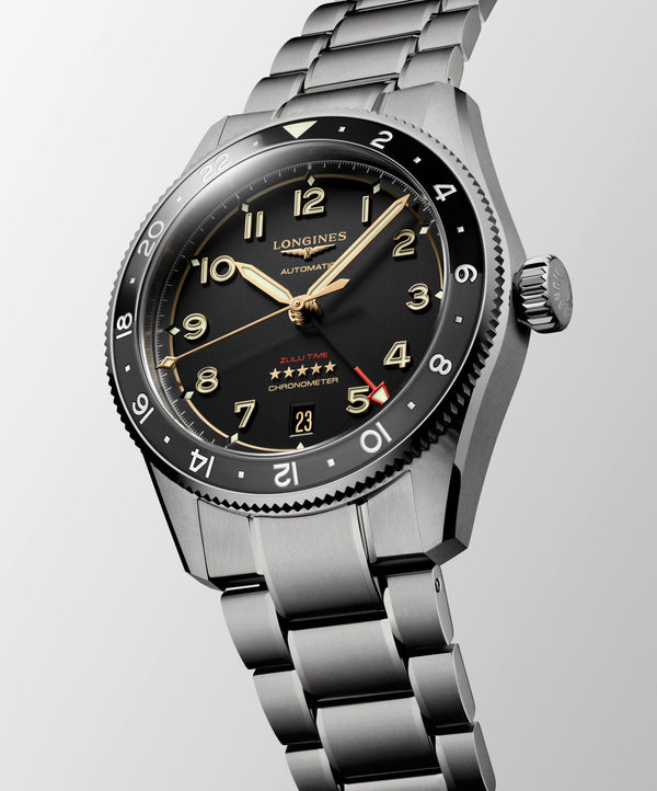 Angle View Longines Spirit Zulu Time Titanium Anthracite Dial Watch
