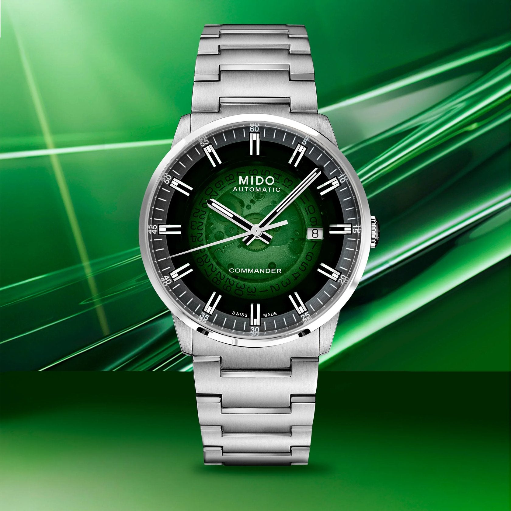 懐メロ MIDO Commander Gradient Green See-Through Dial - Stainless Steel