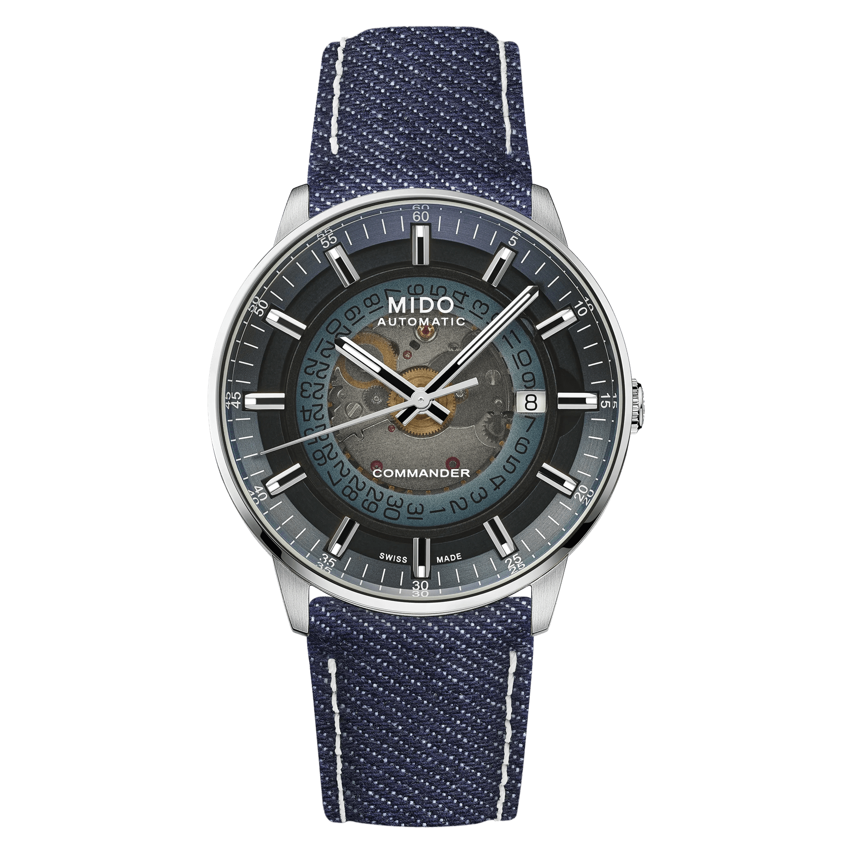 MIDO Commander Gradient Blue See-Through Dial - Stainless Steel Watch with Denim Fabric Strap - 40mm - M0214071841100