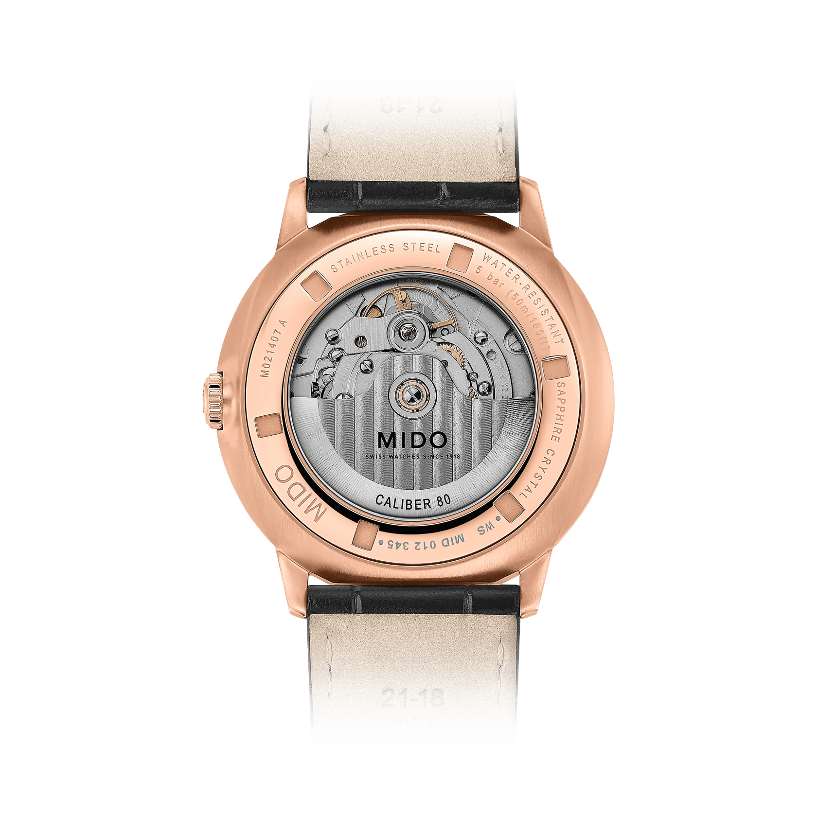 MIDO Commander Gradient Black SeeThrough Rose Gold Tone PVD Leather Strap 40mm M0214073641100