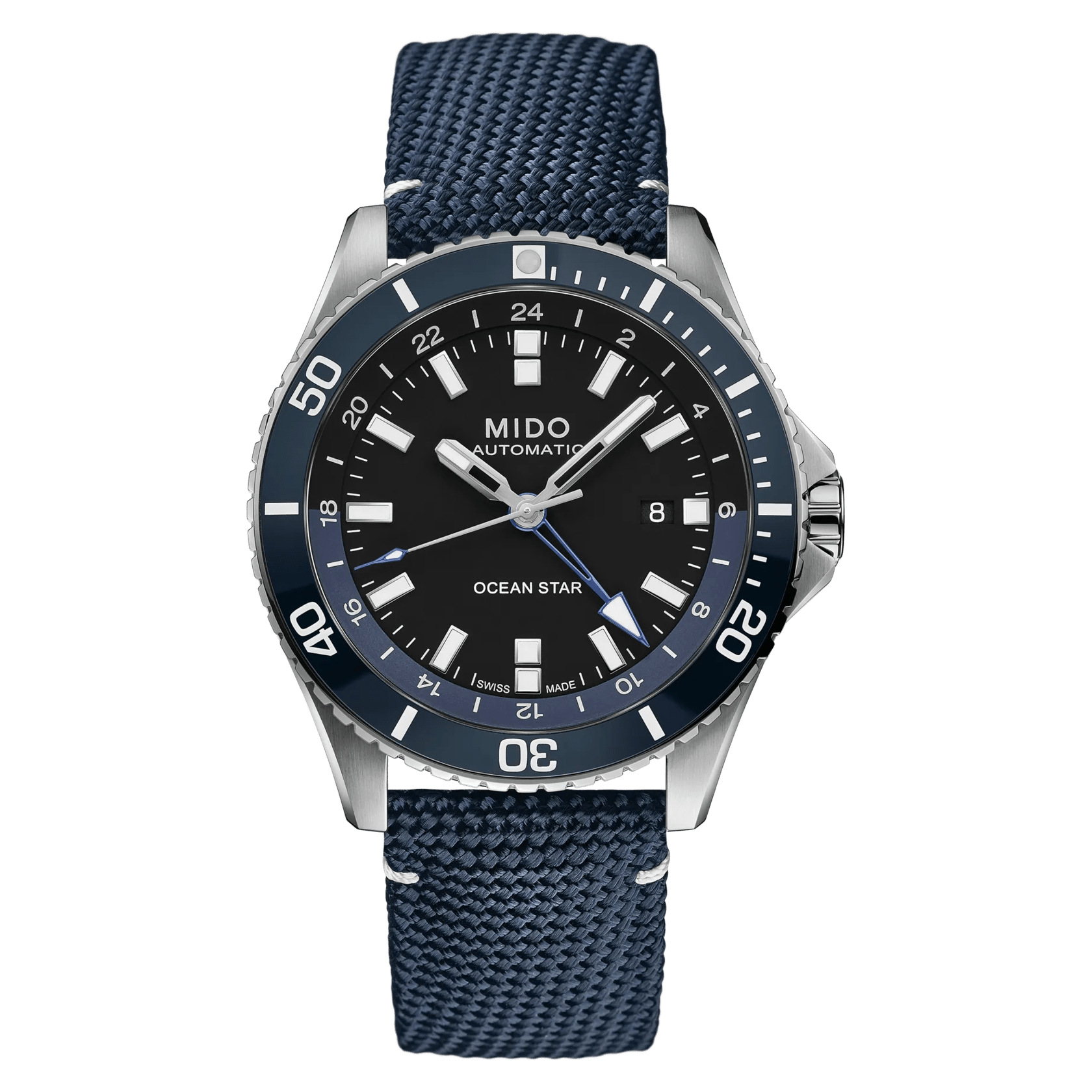 MIDO Ocean Star GMT Black Dial Stainless Steel with Blue Fabric Strap Watch 44mm M0266291705100