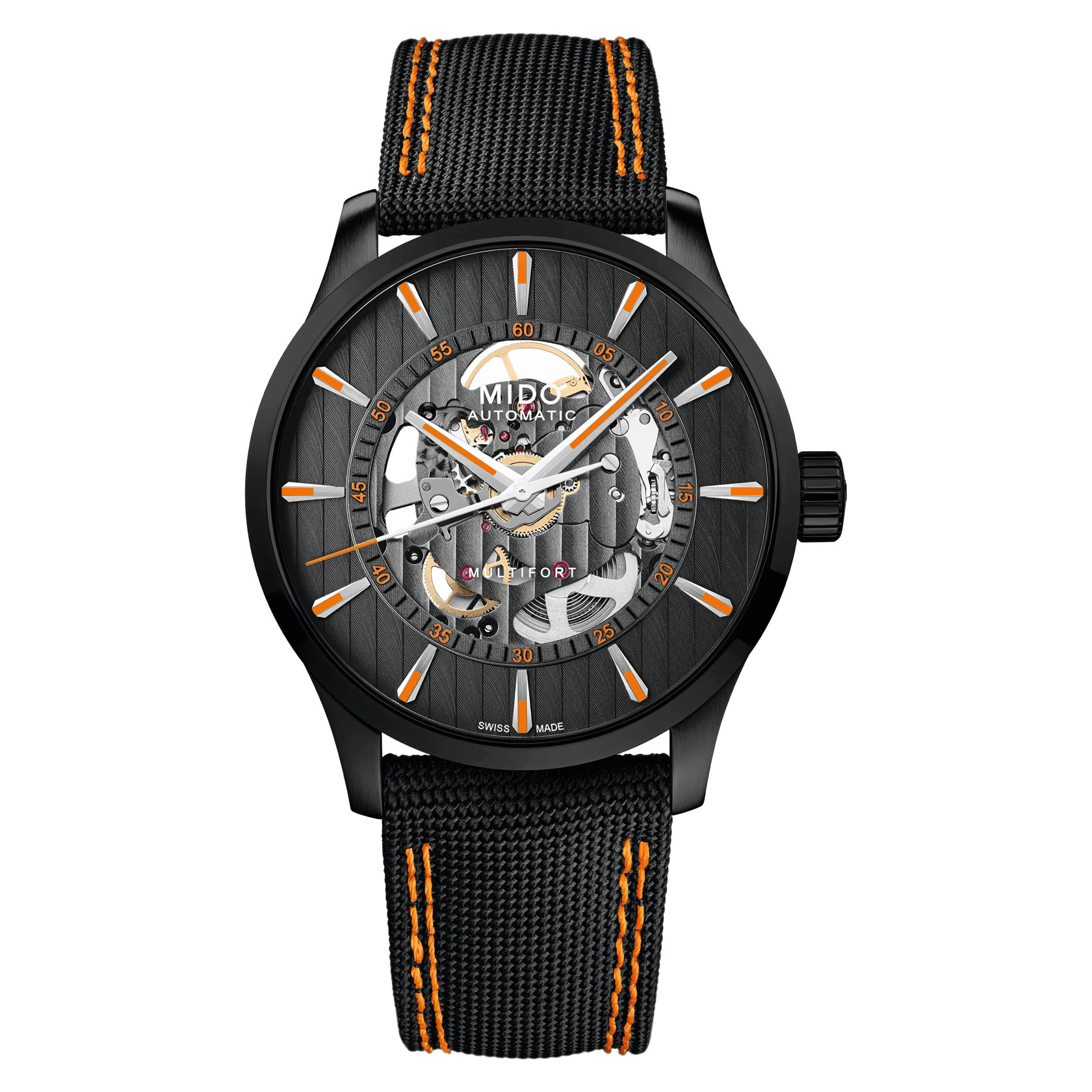 MIDO Multifort Skeleton Vertigo Black Dial, Stainless Steel Black PVD Watch - Black Fabric Strap - 42mm -M0384363705100