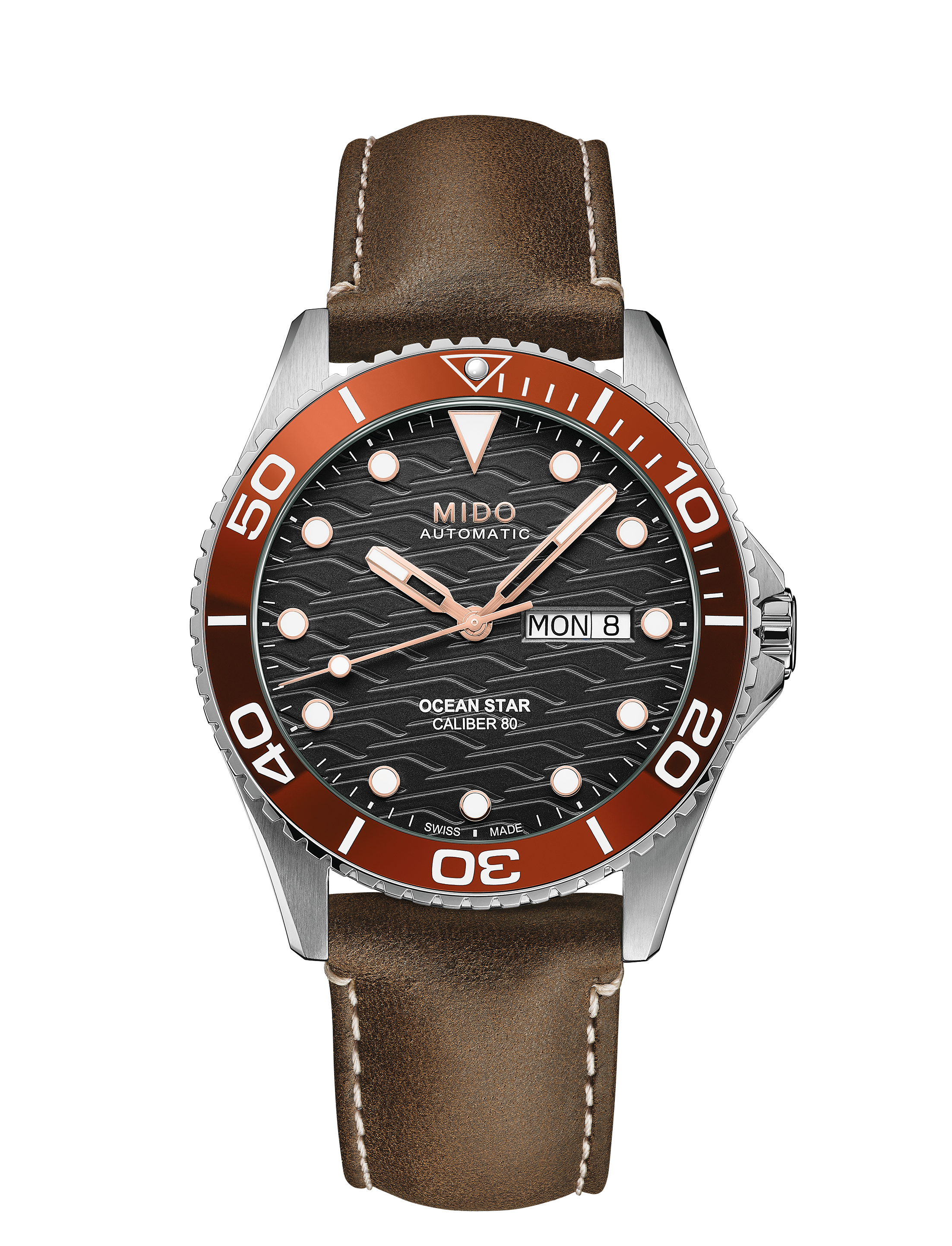 MIDO Ocean Star 200C Ceramic Bezel Black Dial Stainless Steel Watch Brown Leather Strap - 42.5mm - M0424301605100