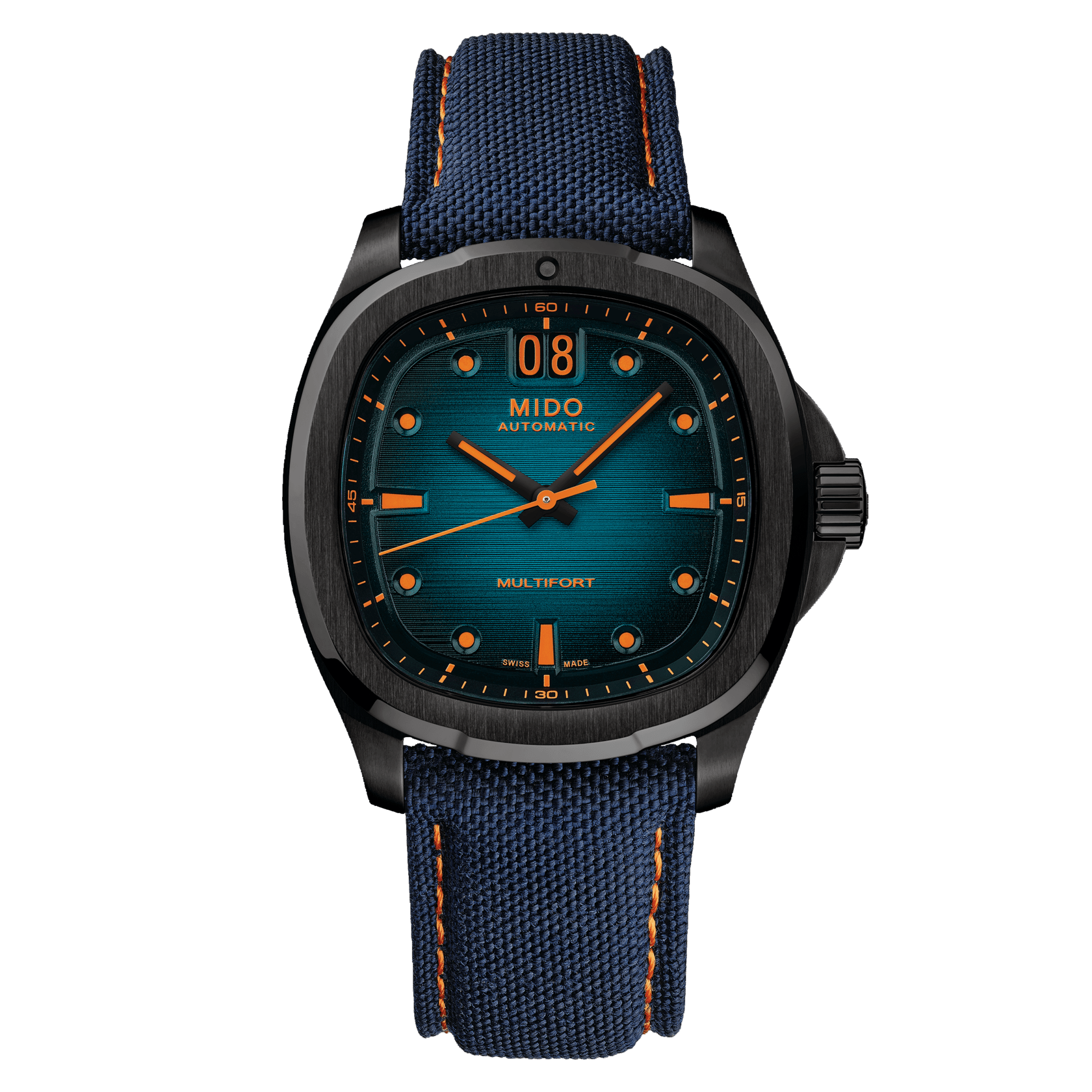 MIDO Multifort TV Big Date Blue and Orange Dial Stainless Steel Black PVD Watch - Blue Fabric Strap - 39.2 x 40mm -M0495263704100