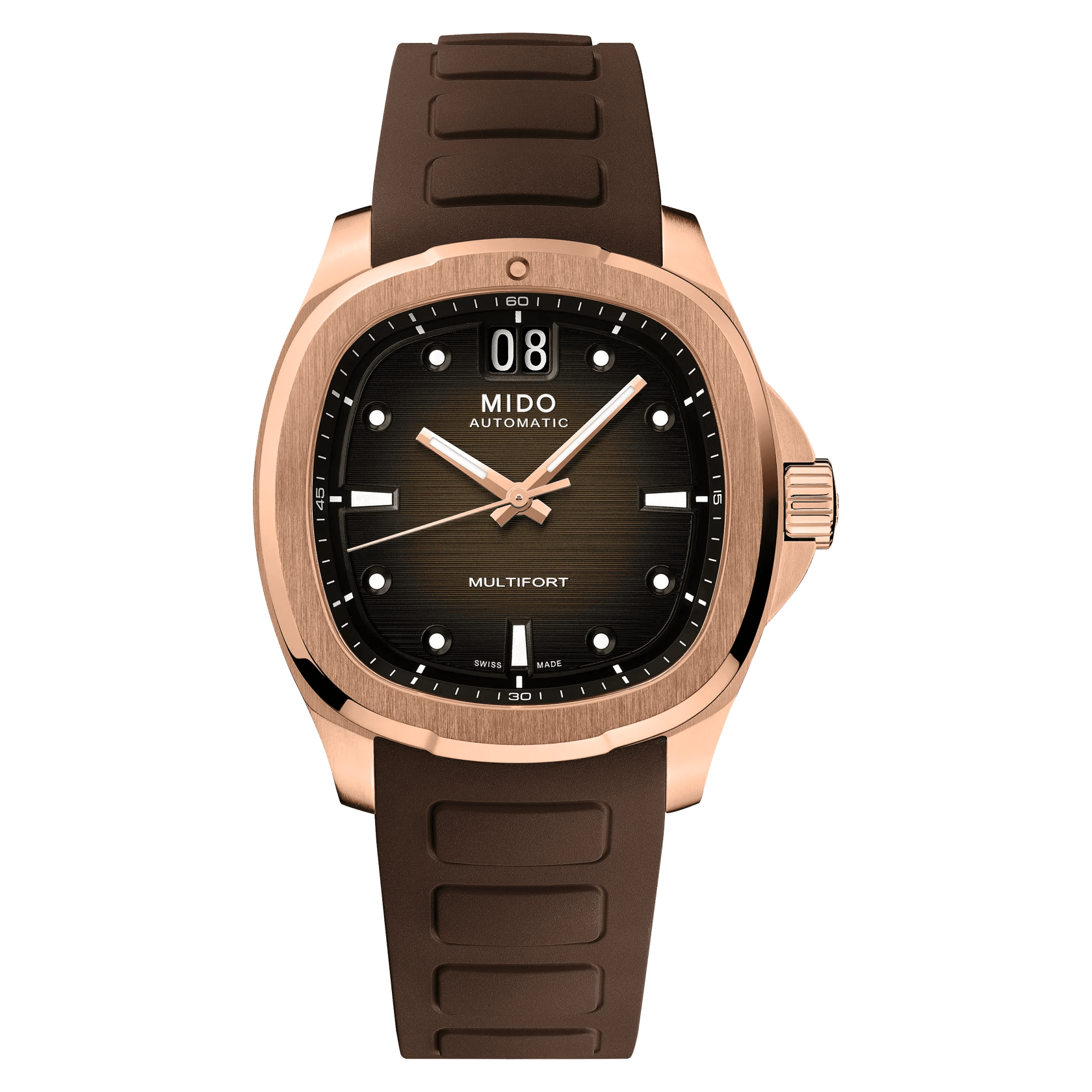 MIDO Multifort TV Big Date Brown Dial Stainless Steel Rose Gold-tone PVD Watch - Brown Rubber Strap - 39.2 x 40mm - M0495263729100