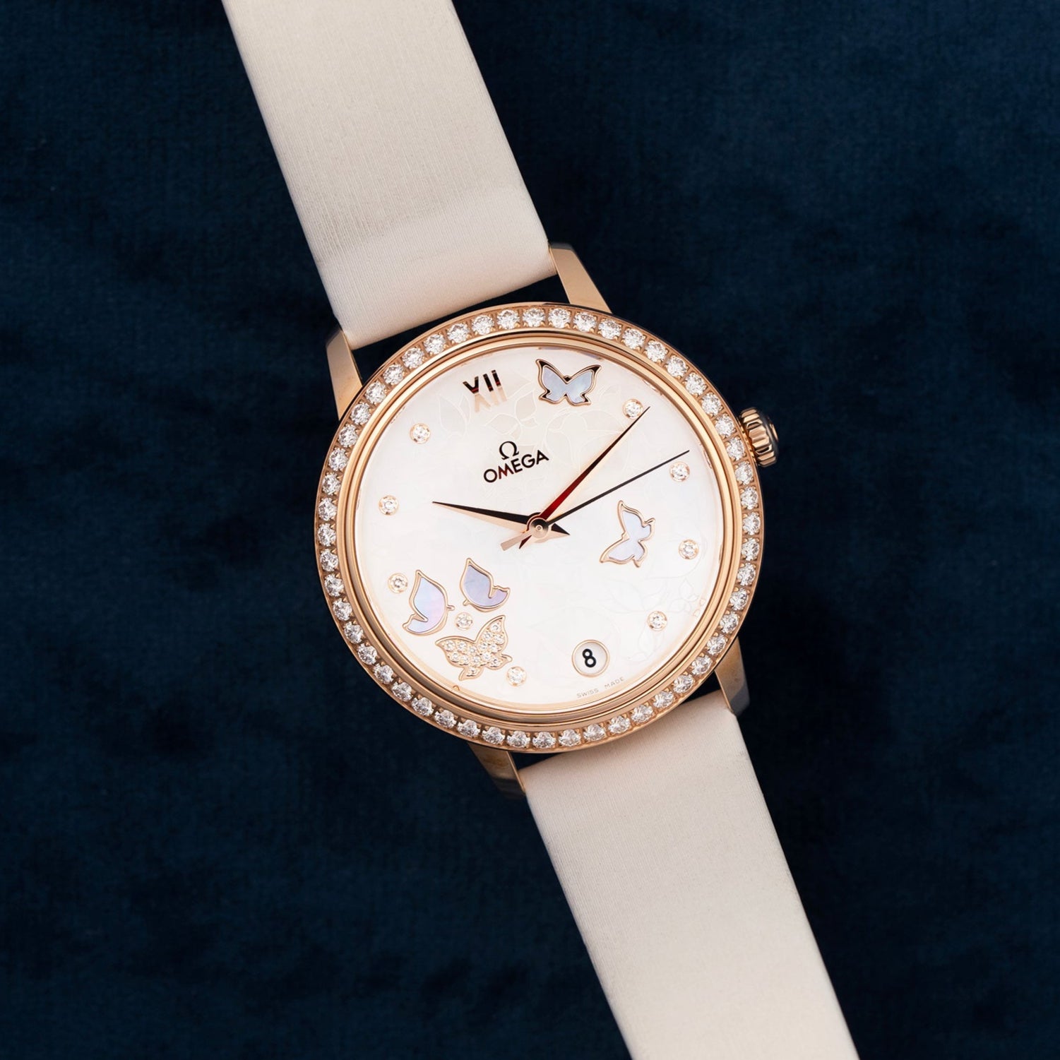 Omega DeVille Prestige Rose Gold Mother of Pearl Butterfly Dial with Diamonds 42457332055002 dial 2