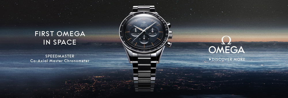 Omega First Omega in Space watch with space-themed background and Omega logo