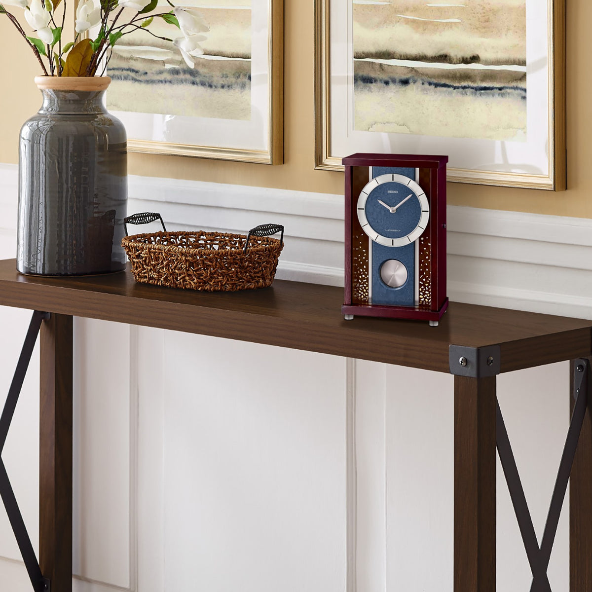 Seiko Dark Brown/Blue Wood with Foil 18 Melodies Musical Mantel Clock QXW251BLH lifestyle shot 1