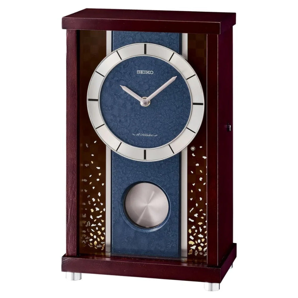 Seiko Dark Brown/Blue Wood with Foil 18 Melodies Musical Mantel Clock QXW251BLH front view