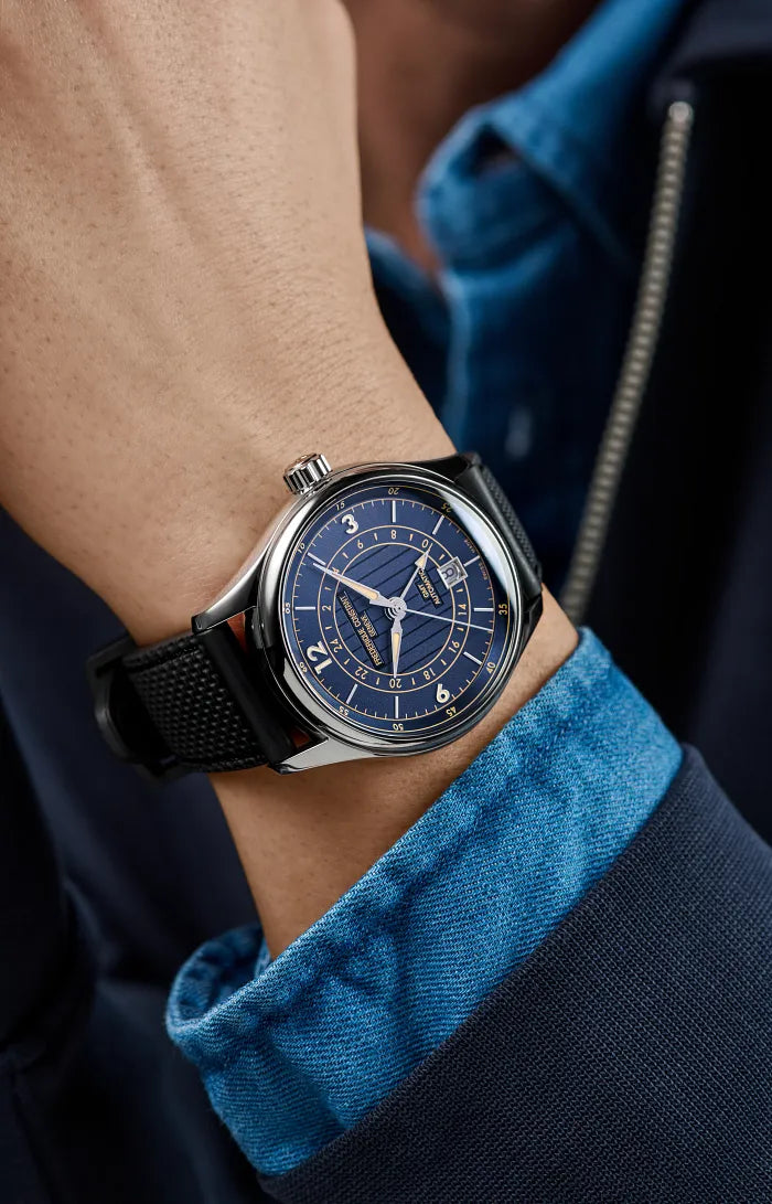 Frederique Constant Limited Edition Classics Runabout Automatic GMT Navy 42mm FC350RN5B6 model wrist shot