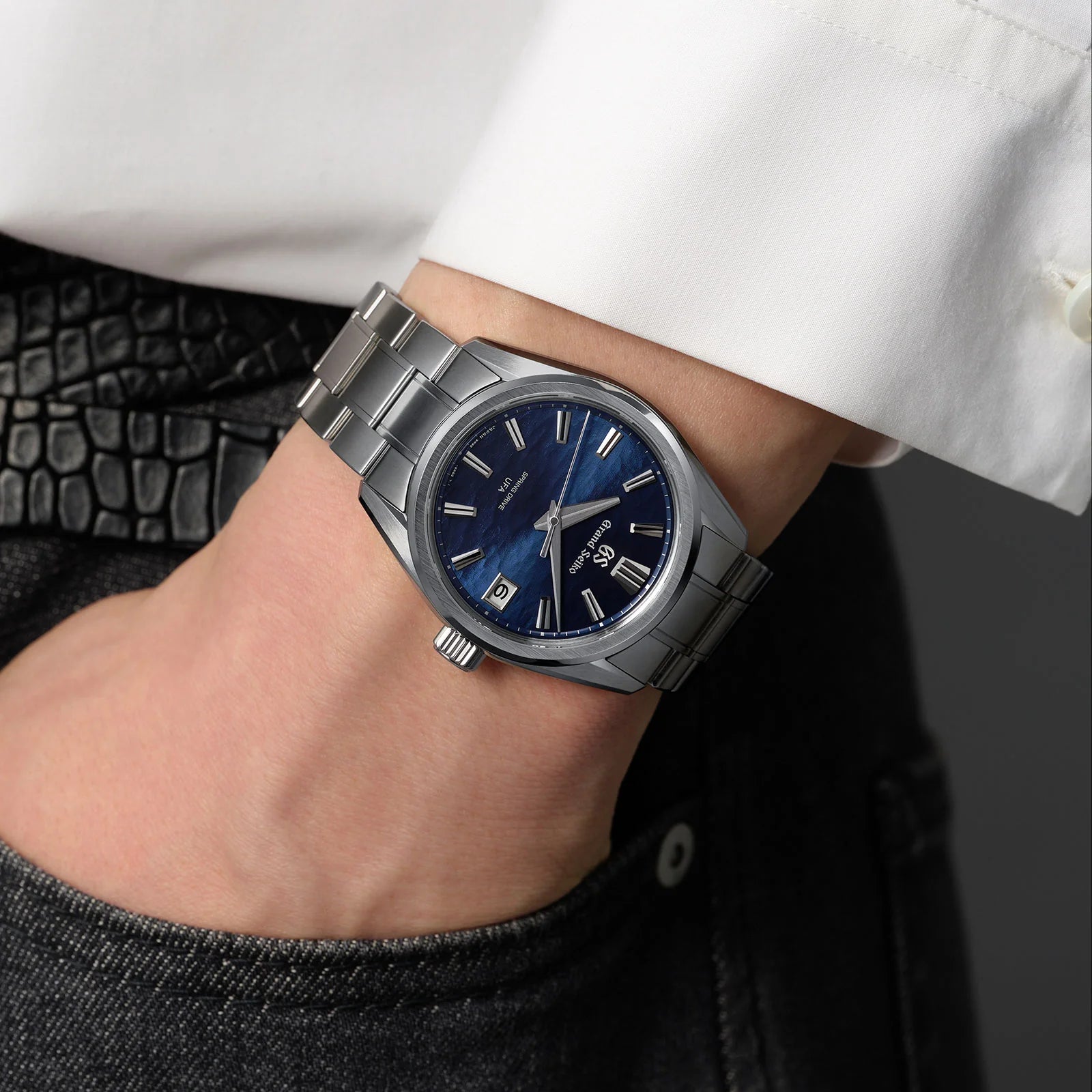 On-wrist view Grand Seiko Evolution 9 Collection Spring Drive U.F.A. 'Lake Suwa' 37mm SLGB013