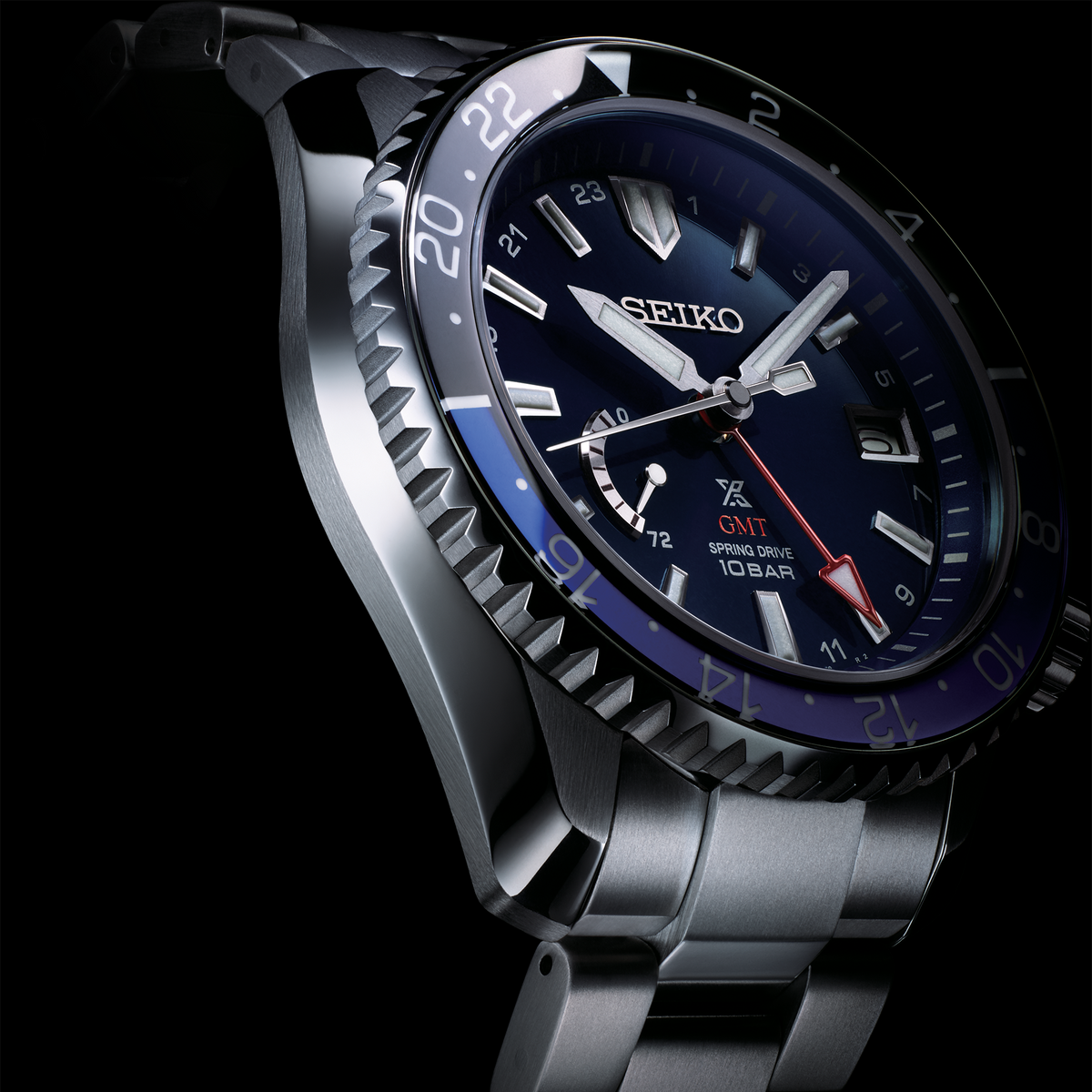 Seiko Prospex LX Spring Drive GMT Deep Blue 44mm SNR033 dial closeup angle shot