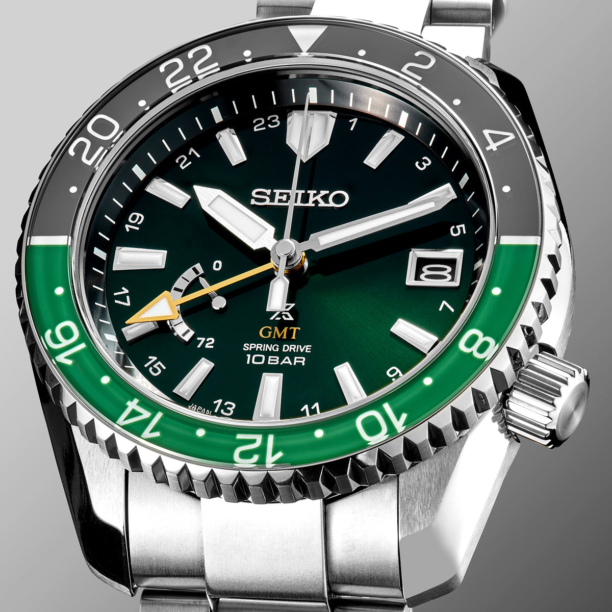 Seiko Prospex LX Spring Drive GMT U.S. Special Edition Black & Green 44mm SNR053 dial closeup angle shot