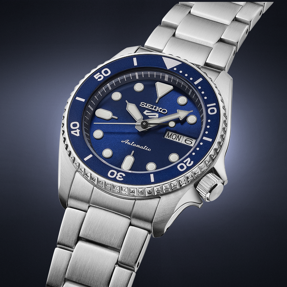 Seiko 5 Sports SKX Mid-Size Blue 38mm SRPL77 Angle Shot Dial Closeup