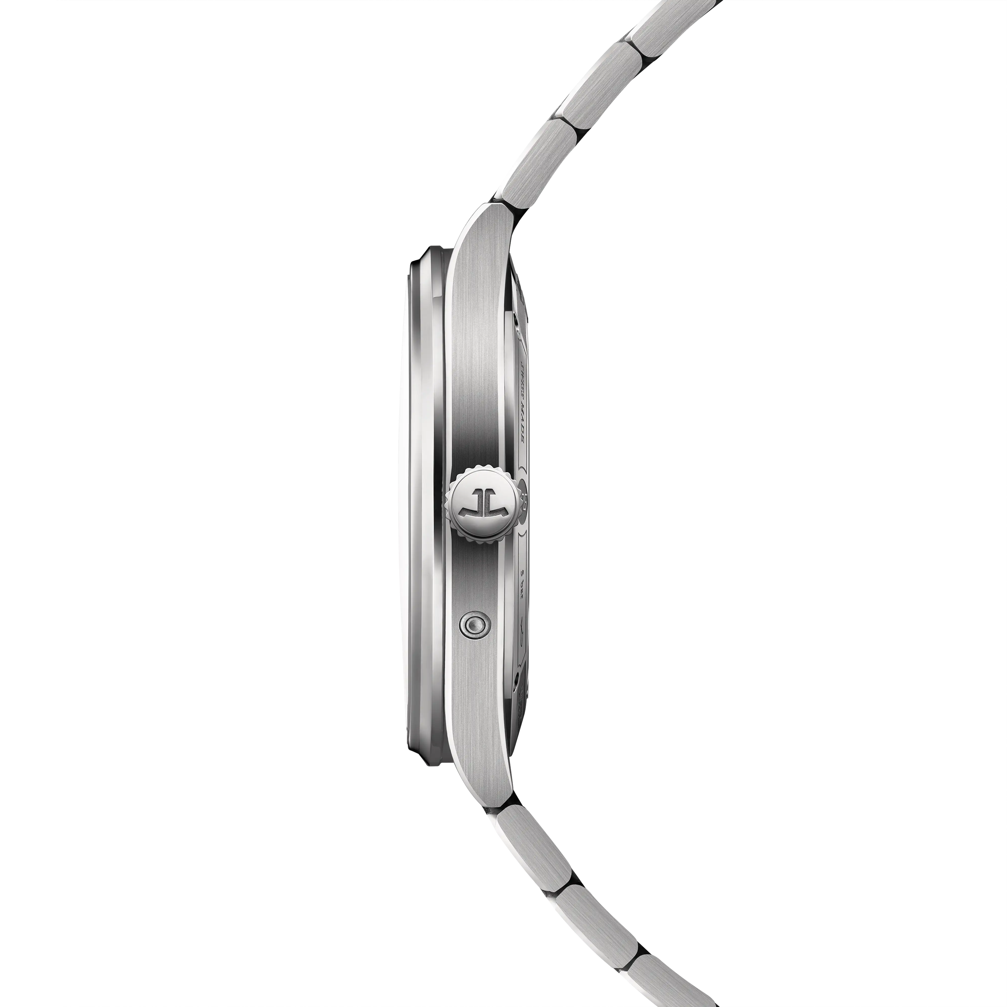 Side view highlighting the slim brushed steel case and integrated bracelet link design.