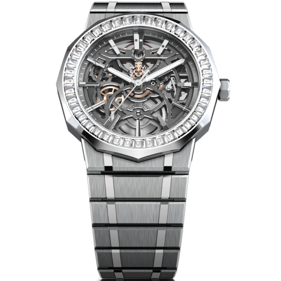 Front view of watch Corum Admiral 39mm Automatic Titanium Skeleton Baguette Diamonds A39.232.GZ0.1G