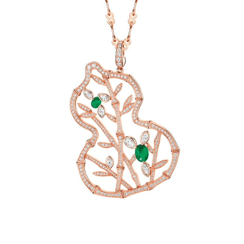Qeelin Wulu Bamboo necklace 18K rose gold set with emeralds diamonds