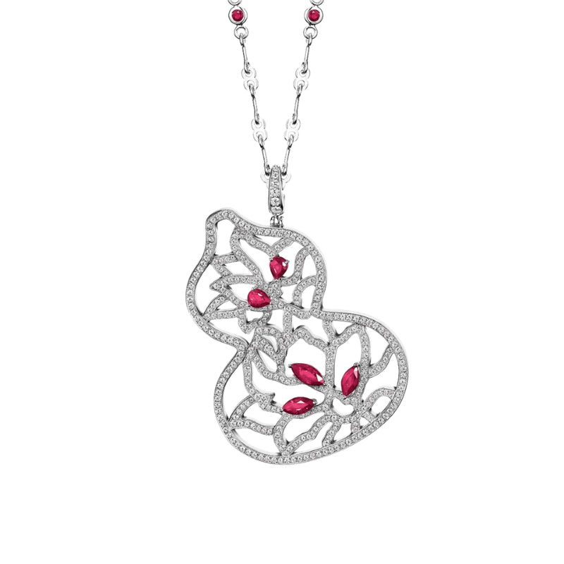 Front View Of Qeelin Wulu Lotus necklace 18K white gold set with rubies diamonds.