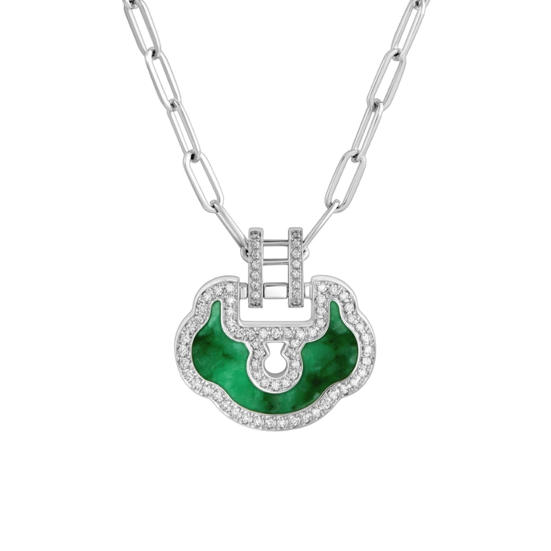 View Of Qeelin Yu Yi grande necklace 18K white gold set with jade diamonds.