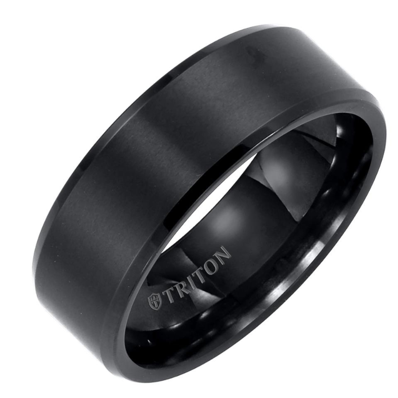 Tilted View Of Bevel Edge Satin Center Classic Wedding Band.