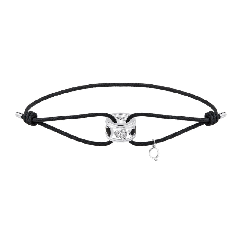 Full VIew Of Qeelin Wulu Eternity black cord bracelet in 18K white gold and black.