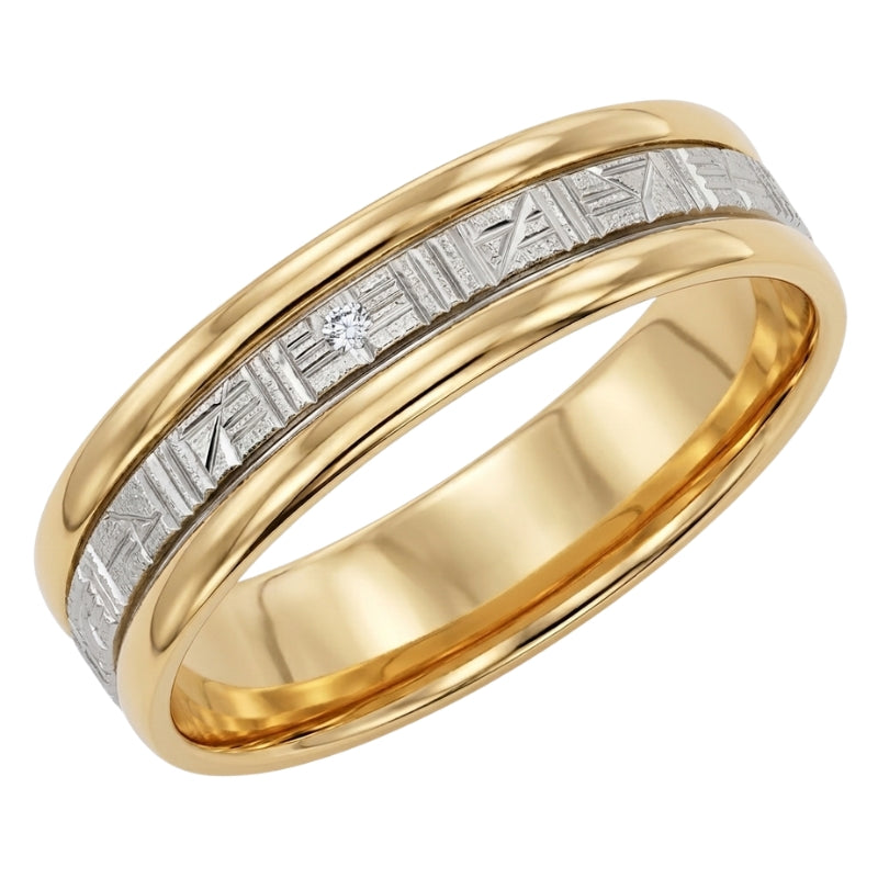 Tilted View Of Flat Round Edge Carved 5.5MM Wedding Band.