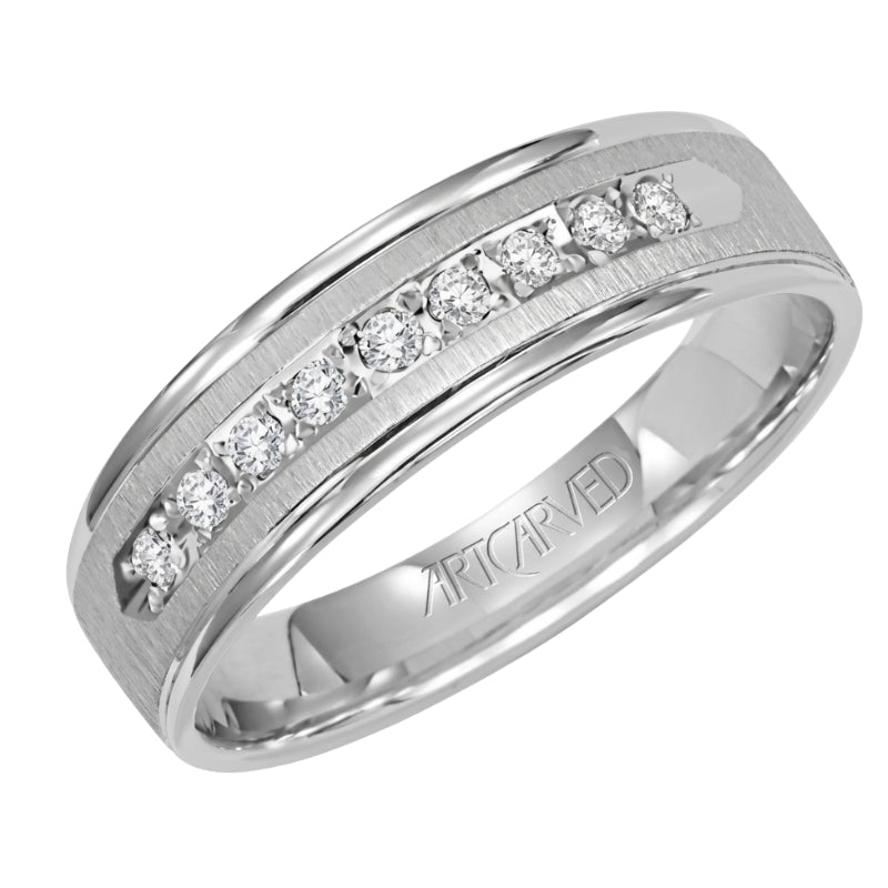 Tilted View Of Low Dome Round Edge Diamond Wedding Band.