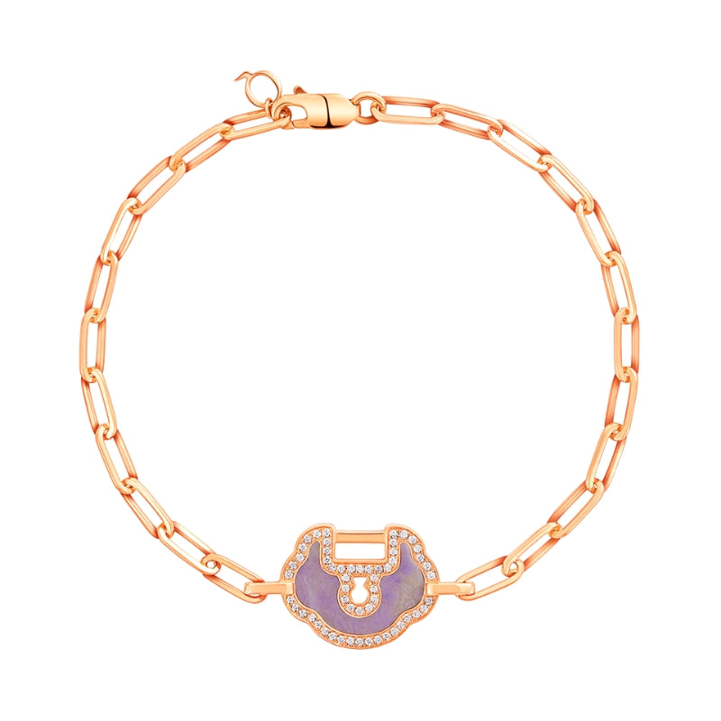 Full View Of Qeelin Yu Yi medium bracelet 18K rose gold set with jade diamonds.