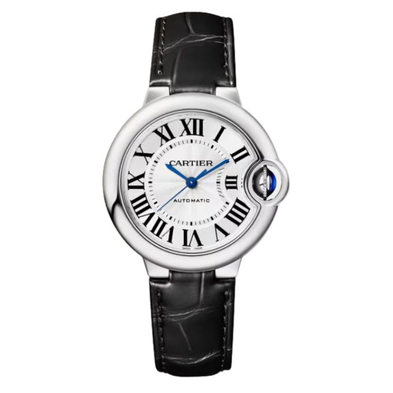 Front view of Cartier watch with leather strap.