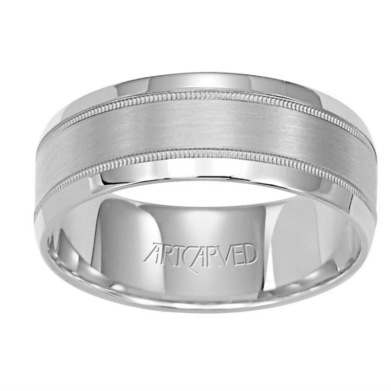 Front View Of Flat Top Flat Edge Carved Wedding Band.