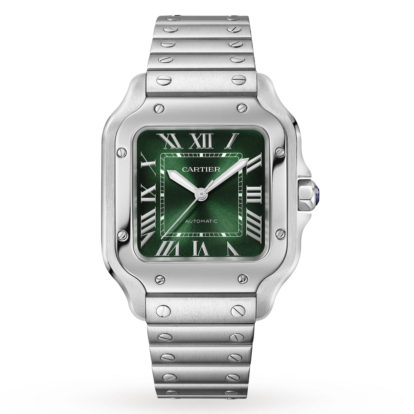 Santos de Cartier Green Medium Model Watch on Stainless Steel Bracelet