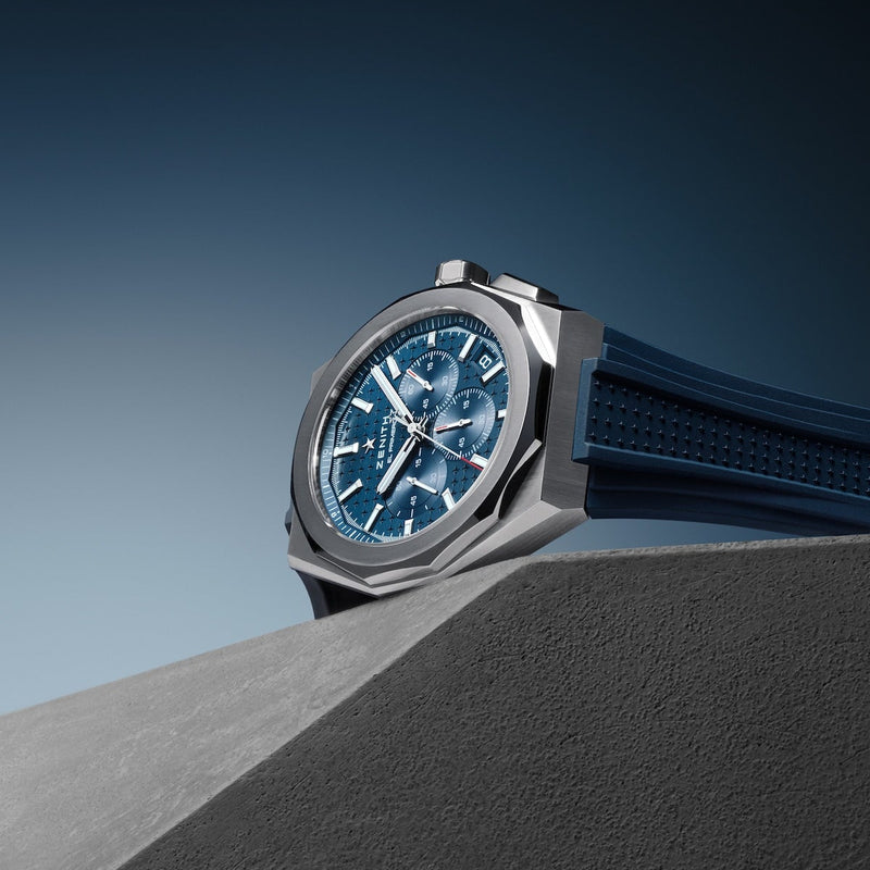 Zenith Defy Skyline Chronograph Blue 42mm El Primero lifestyle shot blue rubber strap