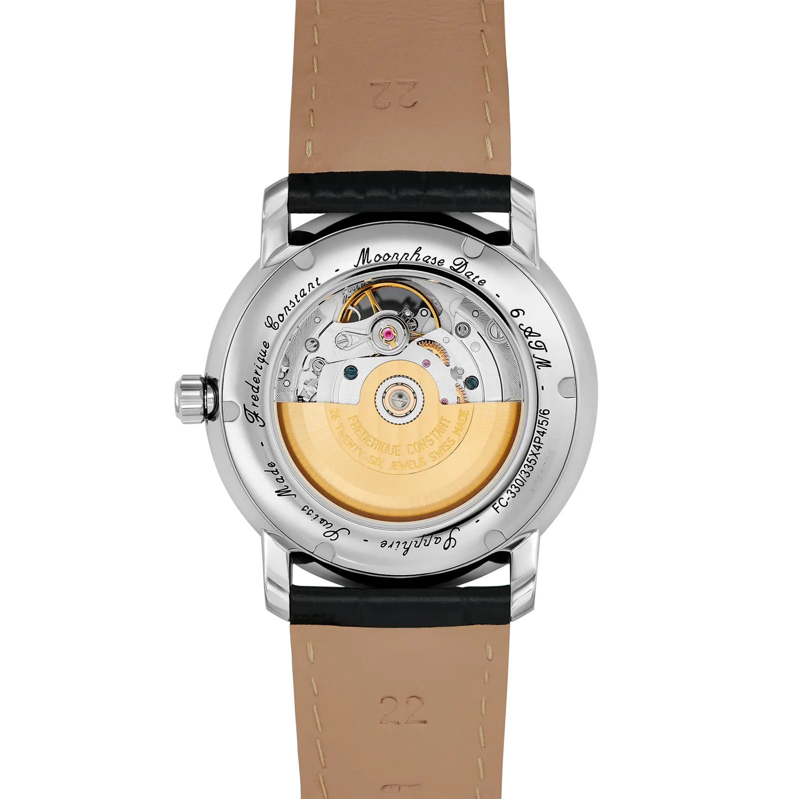 Side profile of the watch showing the stainless steel case, curved lugs, and black embossed leather strap.