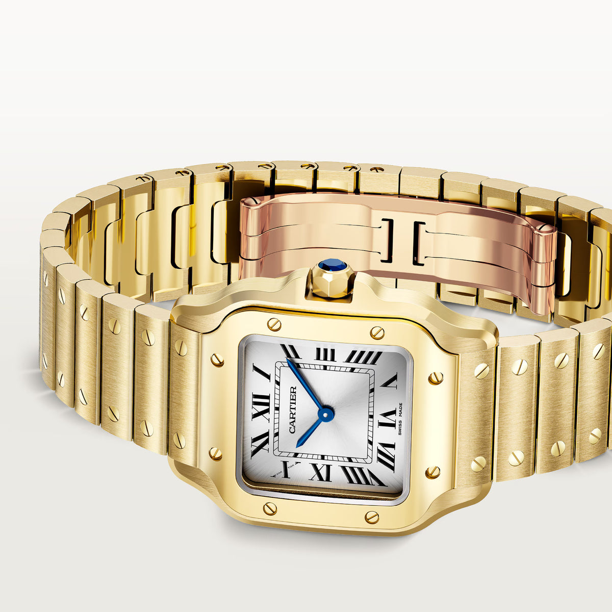 Cartier Santos 18k Yellow Gold Small WSSA0107 laying on side view