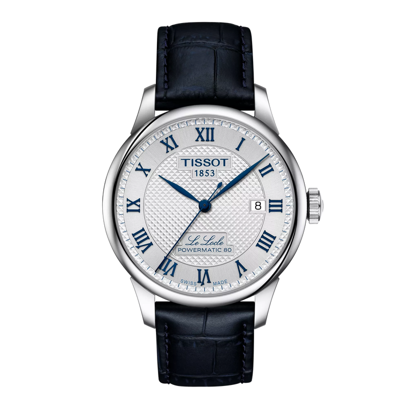 Tissot Le LeLocle 20th Anniversary Stainless Steel watch with Silver dial and blue markers on blue leather strap