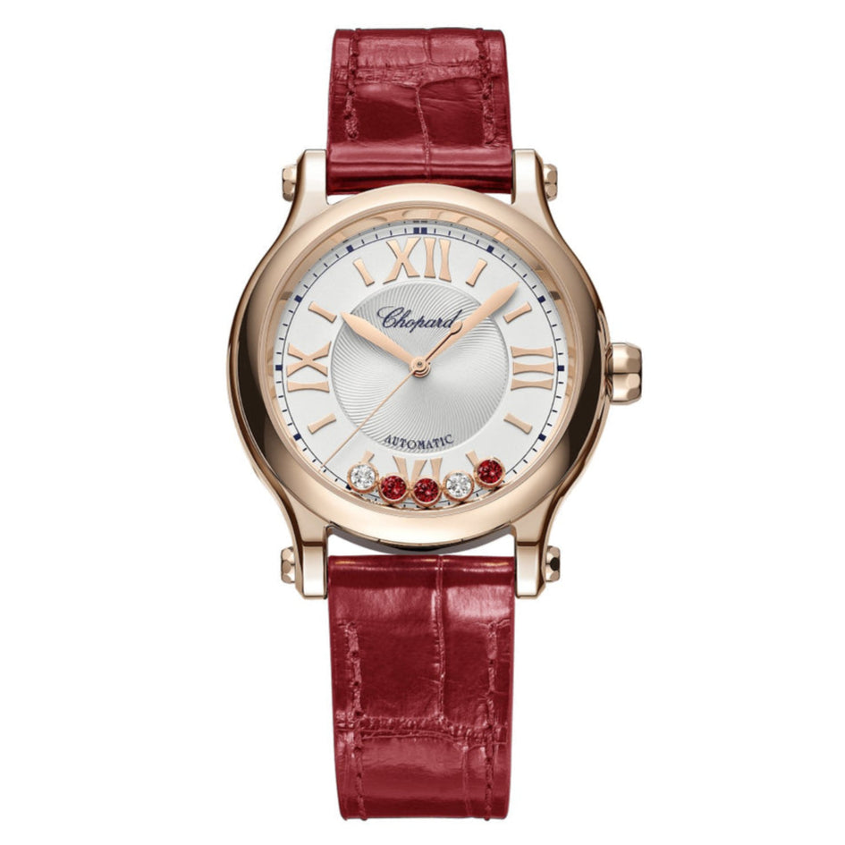 Happy Sport 33 mm, automatic, 18k rose gold, diamonds, rubies