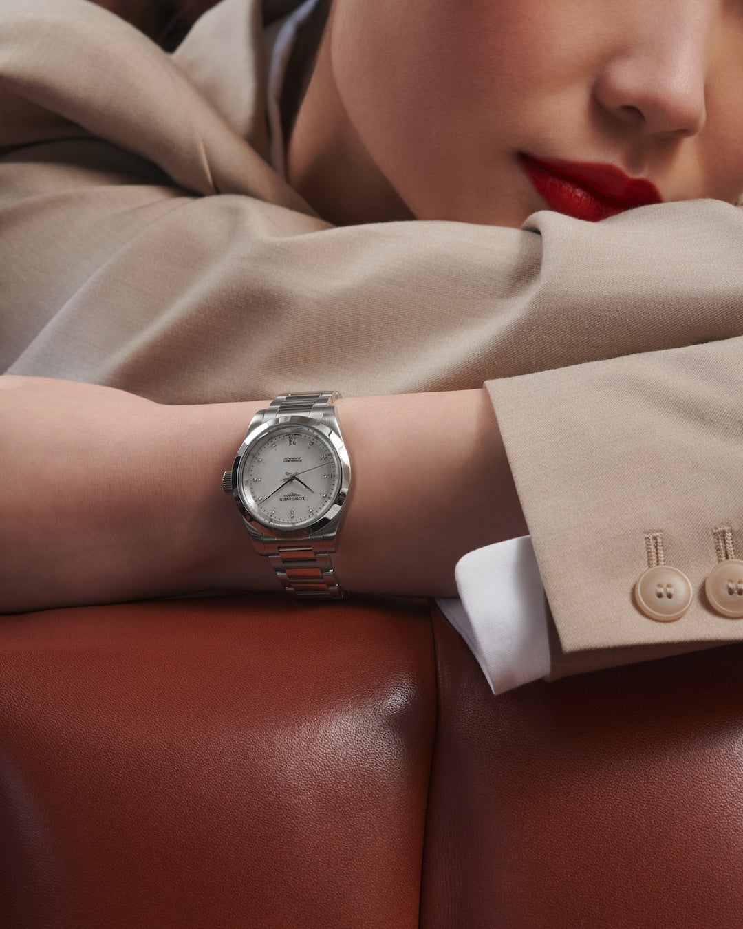 Longines Conquest Mother of Pearl with Diamonds 34mm L34304876 Model Wrist Shot 2