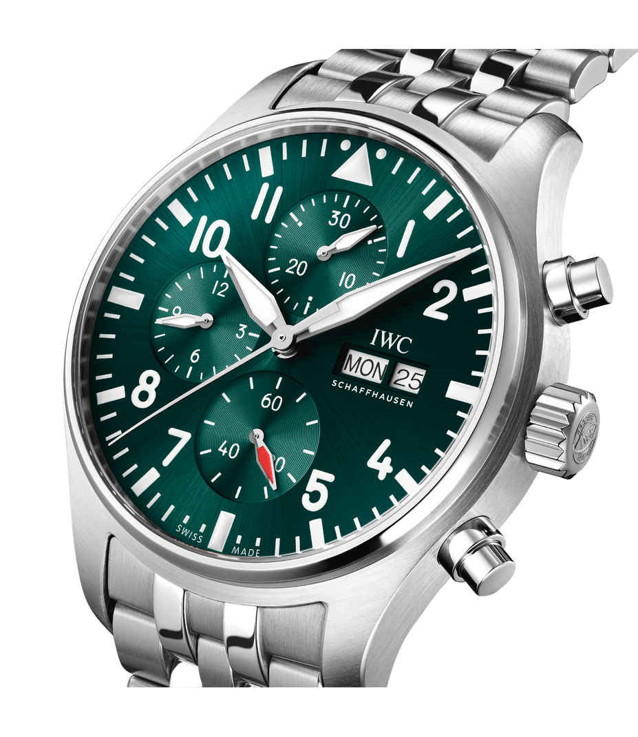 Dial view of IWC Pilot's Watch Chronograph Green 43 IW378006